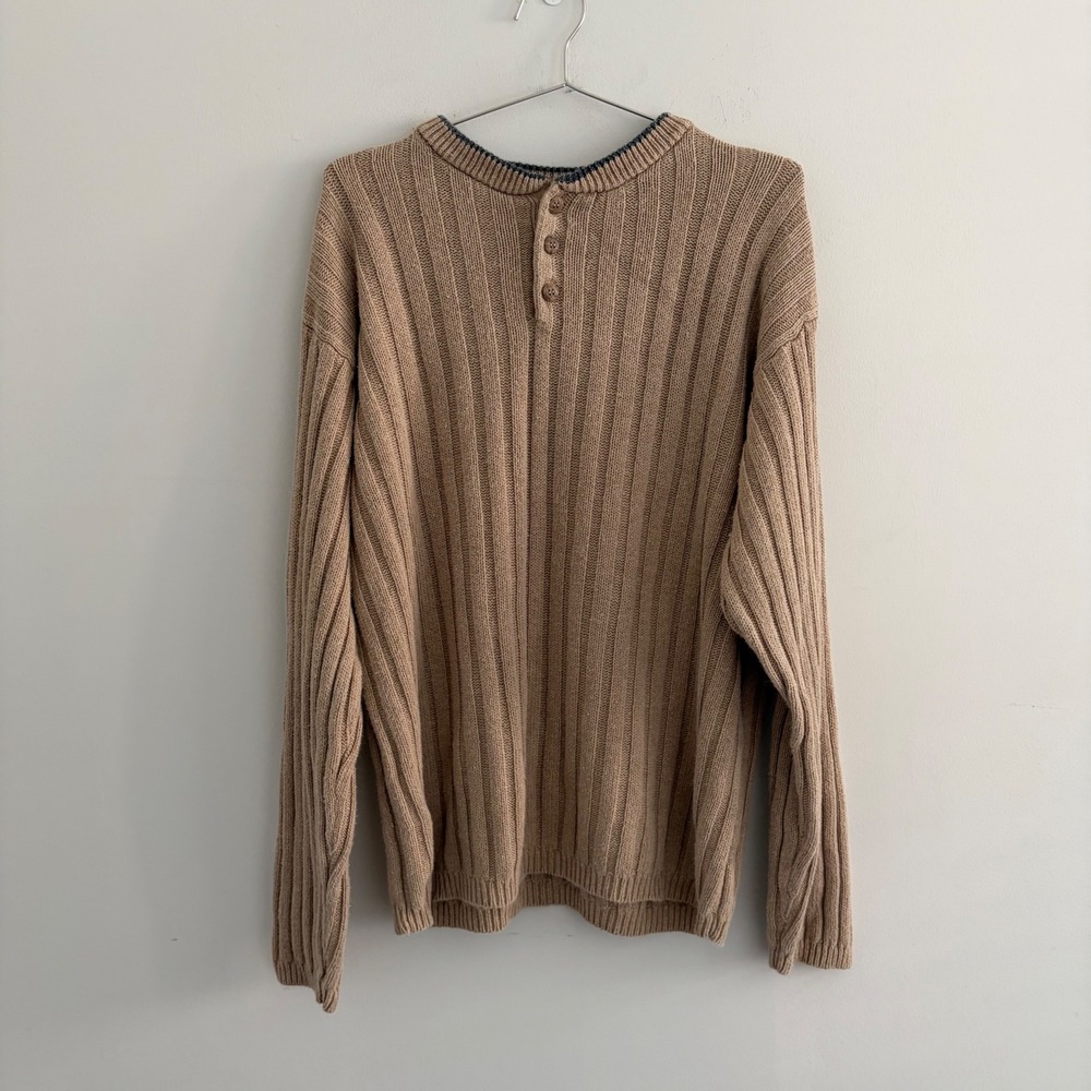 Fieldmaster Mens Henley Sweater Brown Ribbed Knit Ramie Cotton Large